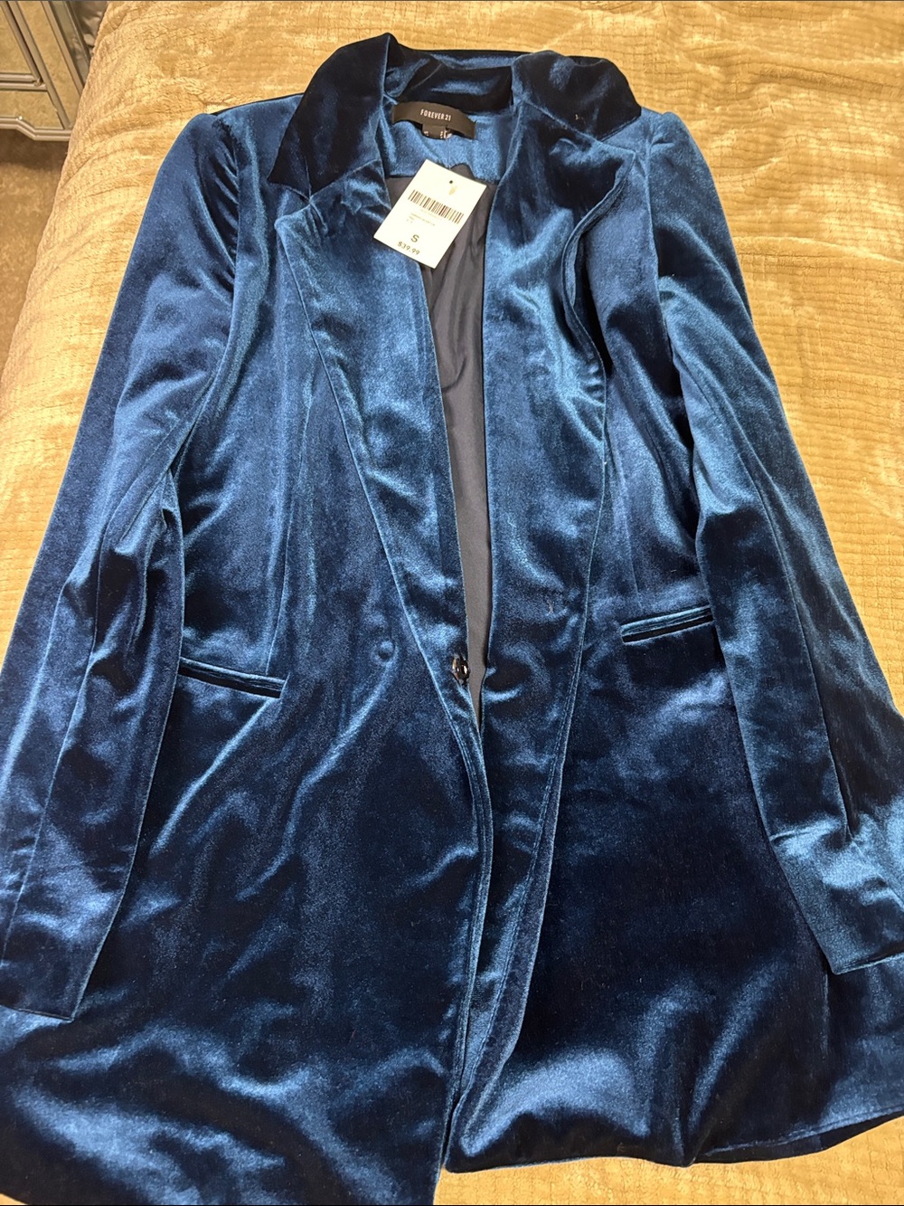 Forever 21 Deep Blue Velvet Longline Blazer